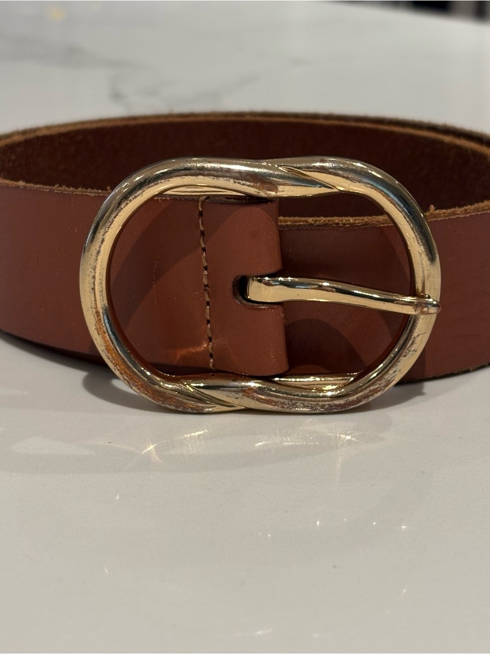 Women's Cognac Danier Leather Belt with Gold Twist Buckle | Size Small